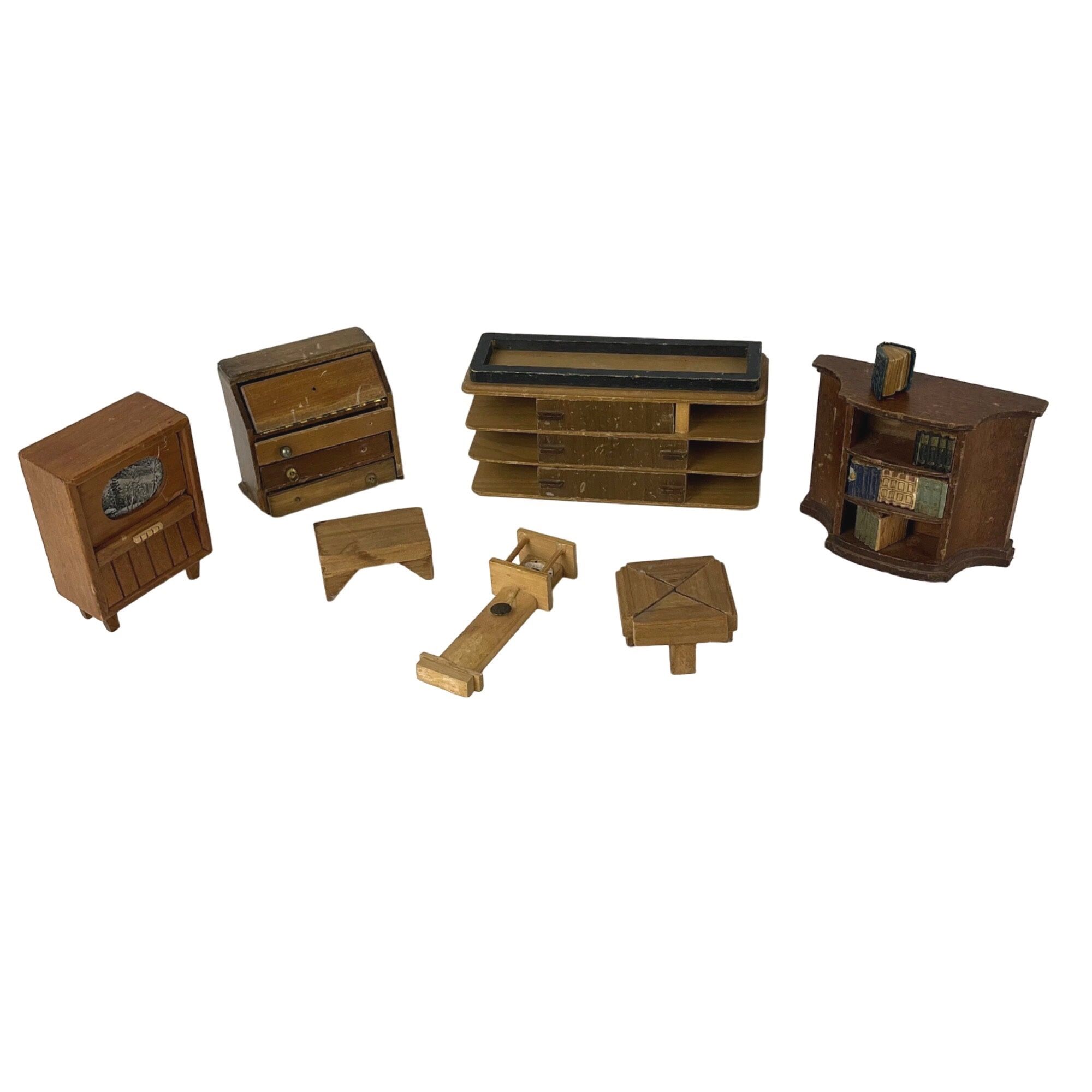 Vintage 7-Pc. Dollhouse Miniatures Wood Living Room Furniture