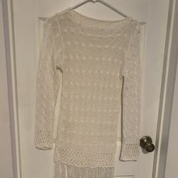 Size S white open/loose knit long sweater with fringe on the bottom 