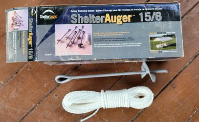 6-Piece Ground Anchor Tent Stake Kit,15in. Steel Powder Coated, Auger Style w/40 feet of Rope