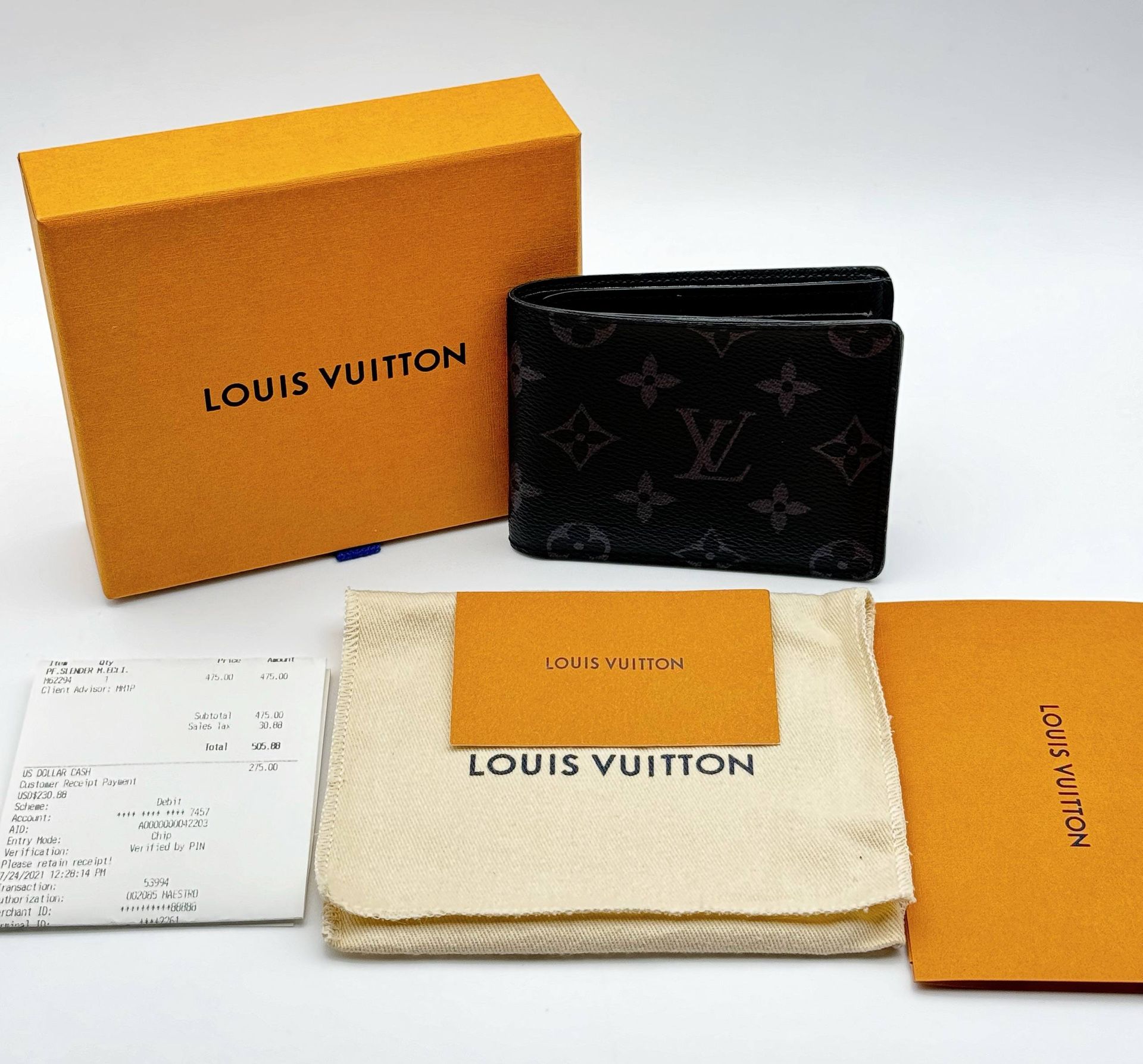 Louis Vuitton Slender Wallet Bifold in Monogram Eclipse Canvas M62294 Box Receipt Dust Bag
