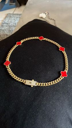 Gold Cuban Link Chain with Red Clover Charms
