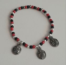 Red & Black Beaded Lady Bug Bracelet With Silver Accents 
