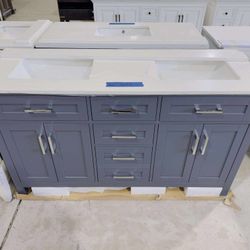 “60” Brand New Beautiful Bathroom Vanity in Marine Gray double sink, Soft Close Solid Wood, 5 drawers and 4 doors and electrical outlets included