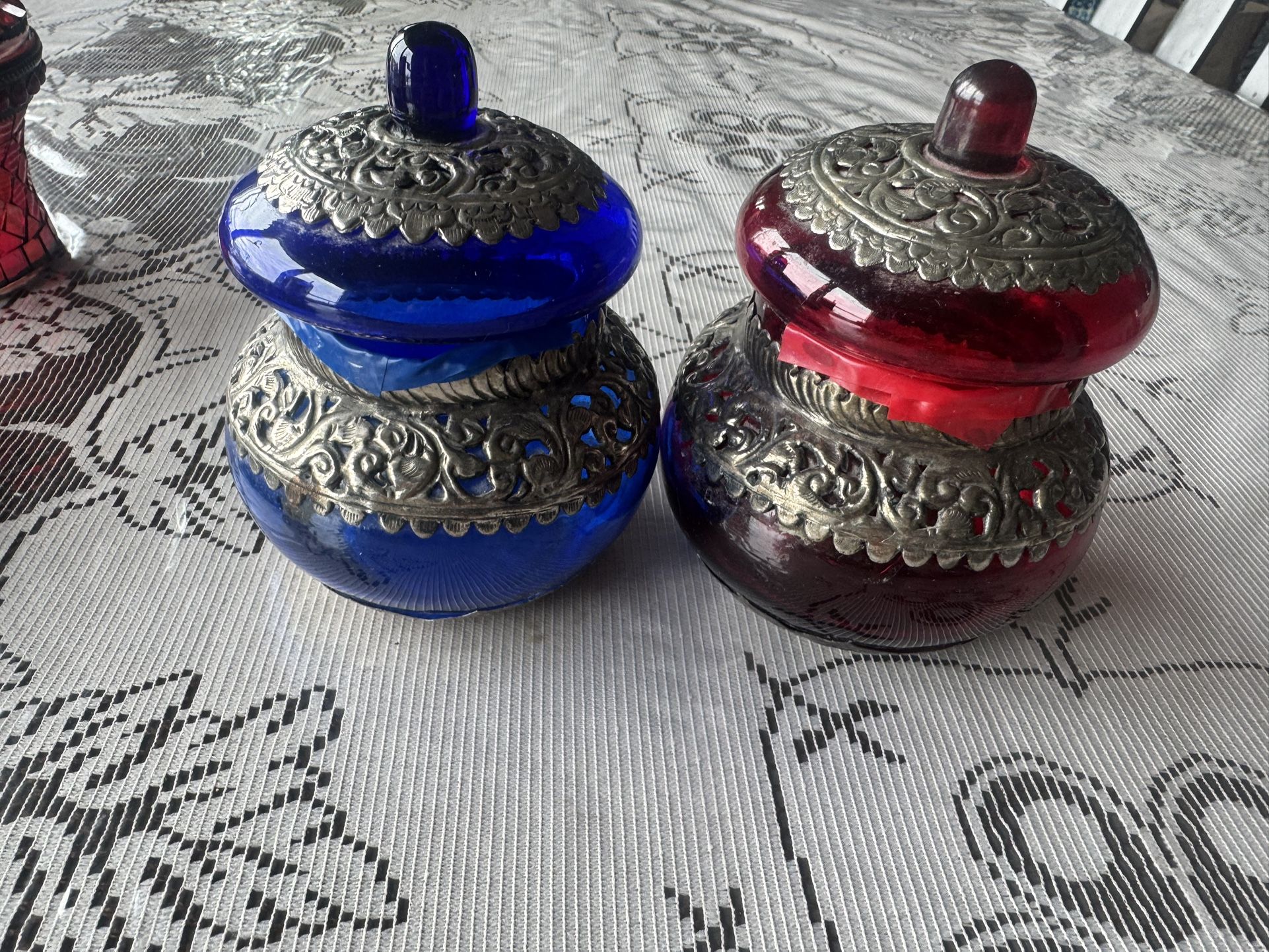 Glass Pill Boxes, Cobalt Blue & Ruby Red
