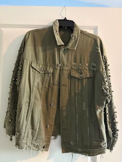 Olive Green Studded Distressed Denim Jacket