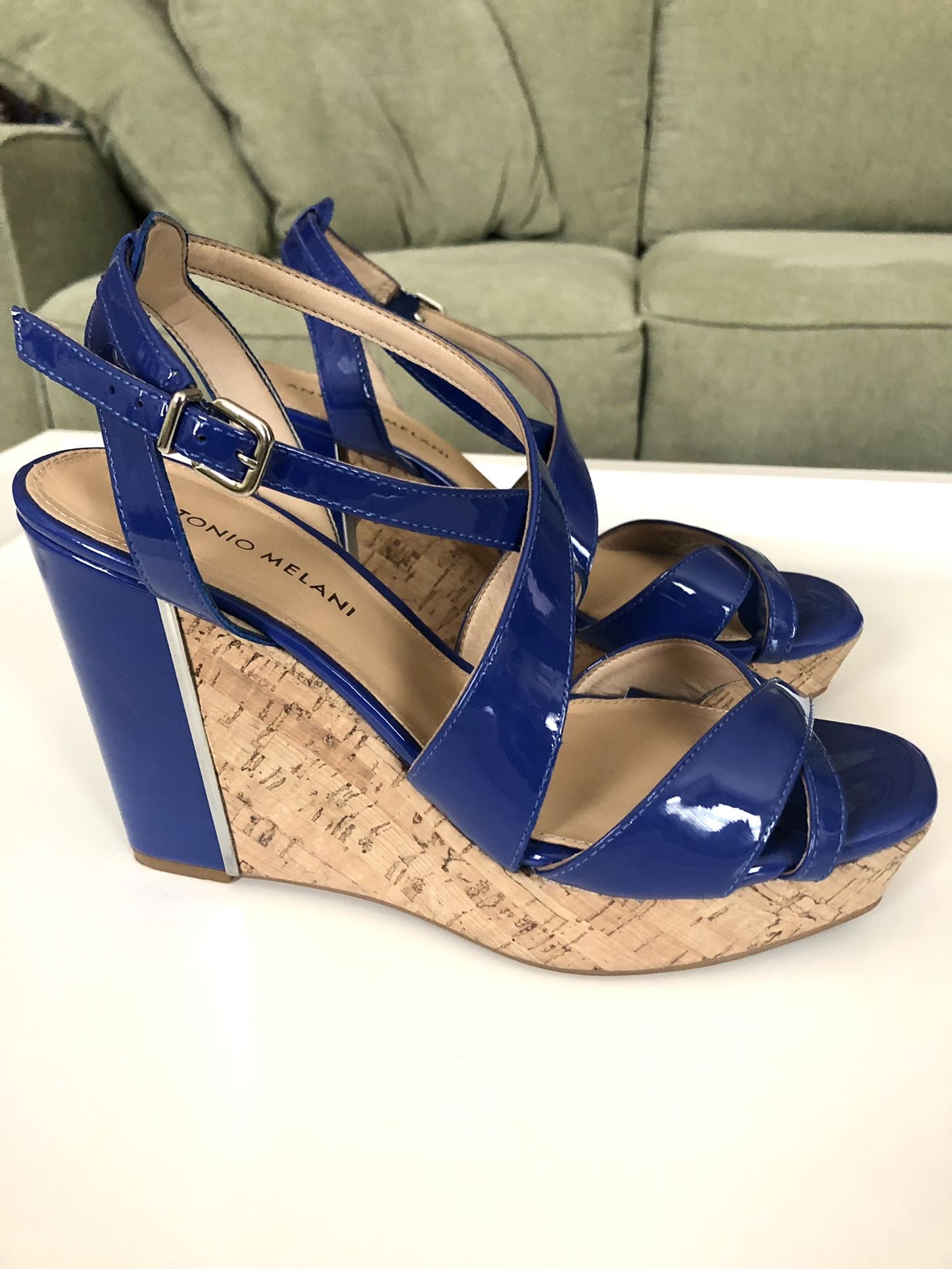 Antonio Melani Blue Sydniee Leather Cork Wedge Heels Size 8