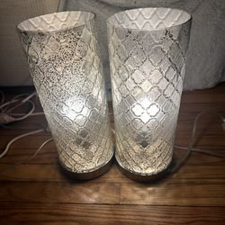 Two Metallic Silver Lantern Style Lamps