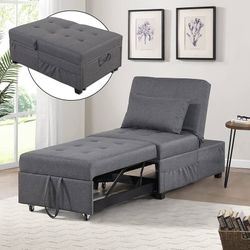 Convertible Chair Sleeper Bed, 4 in 1 Multi-Function Sleeper Sofa Folding Ottoman Modern Linen Fabric Guest Bed with Lumbar Pillow and Adjustable Slee