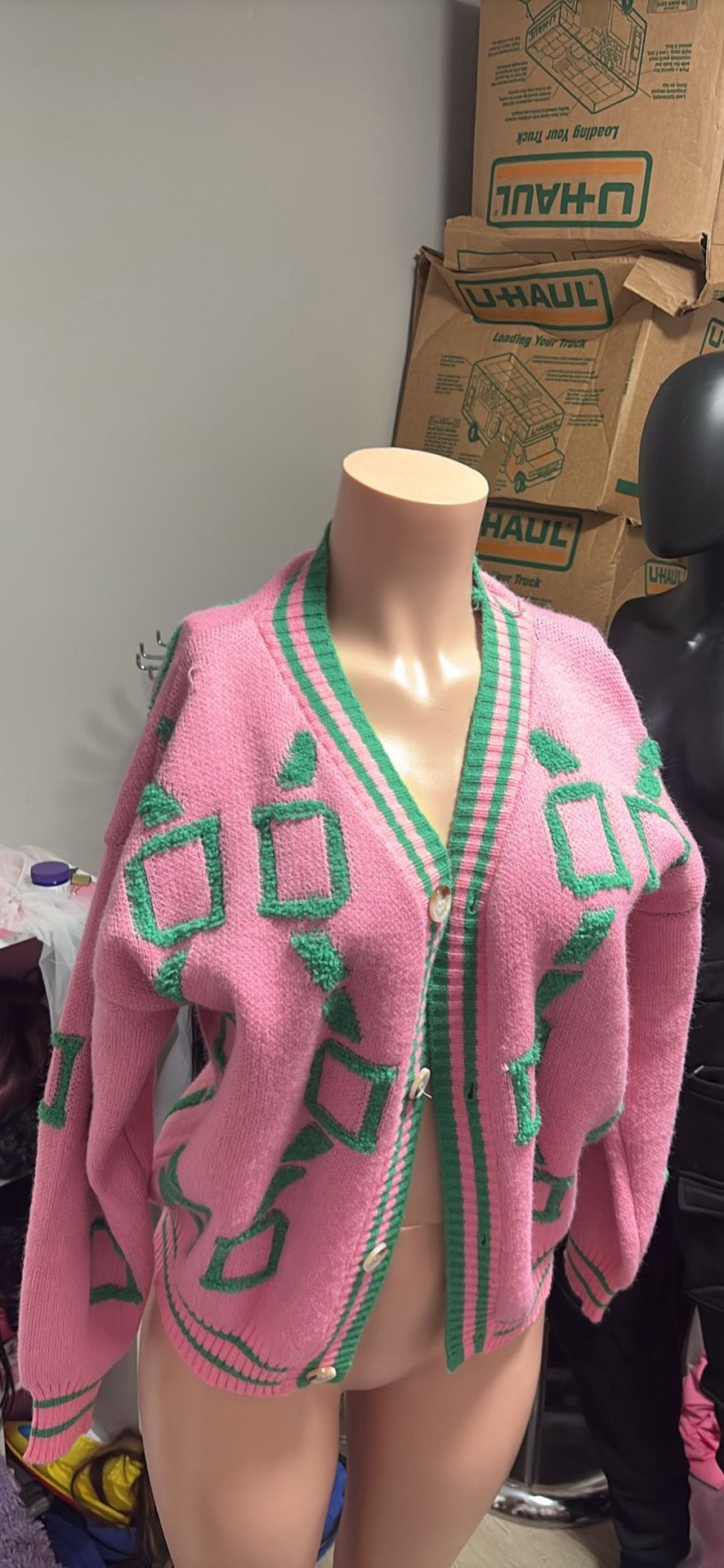 Pink & Green Statement Knit Cardigan – Vintage-Inspired