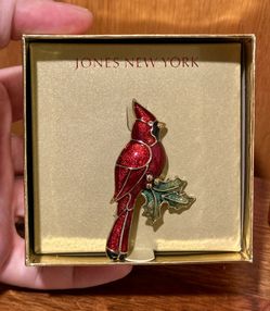 JONES NEW YORK Christmas Brooch Pin Red Cardinal Rhinestone Enamel Holly Leaf