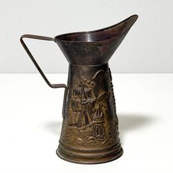 Antique Embossed Peerage Brass Pitcher Jug Ship And Lighthouse Barn Decor