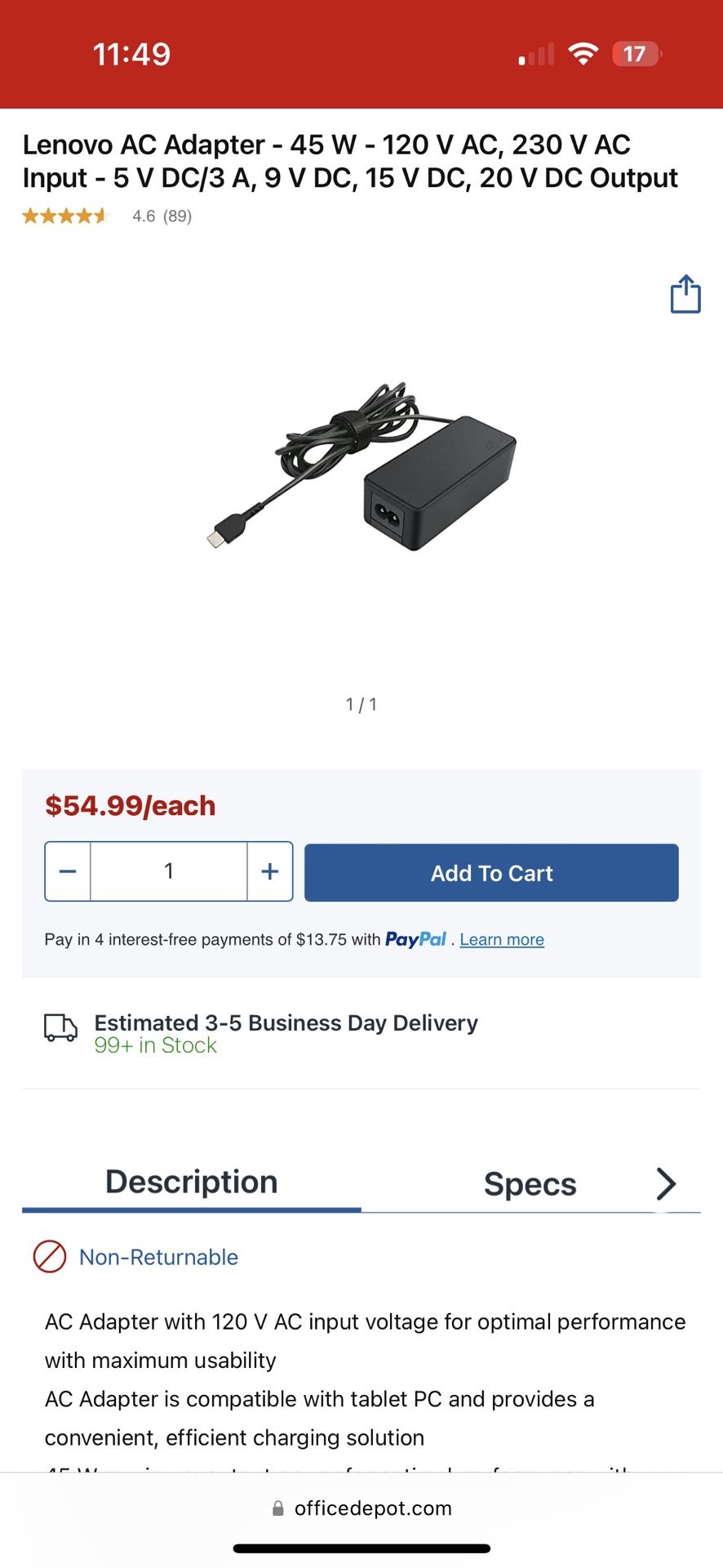 Lenovo AC Adapter - 45 W - 120 V AC, 230 V AC Input - 5 V DC/3 A, 9 V DC, 15 V DC, 20 V DC Output