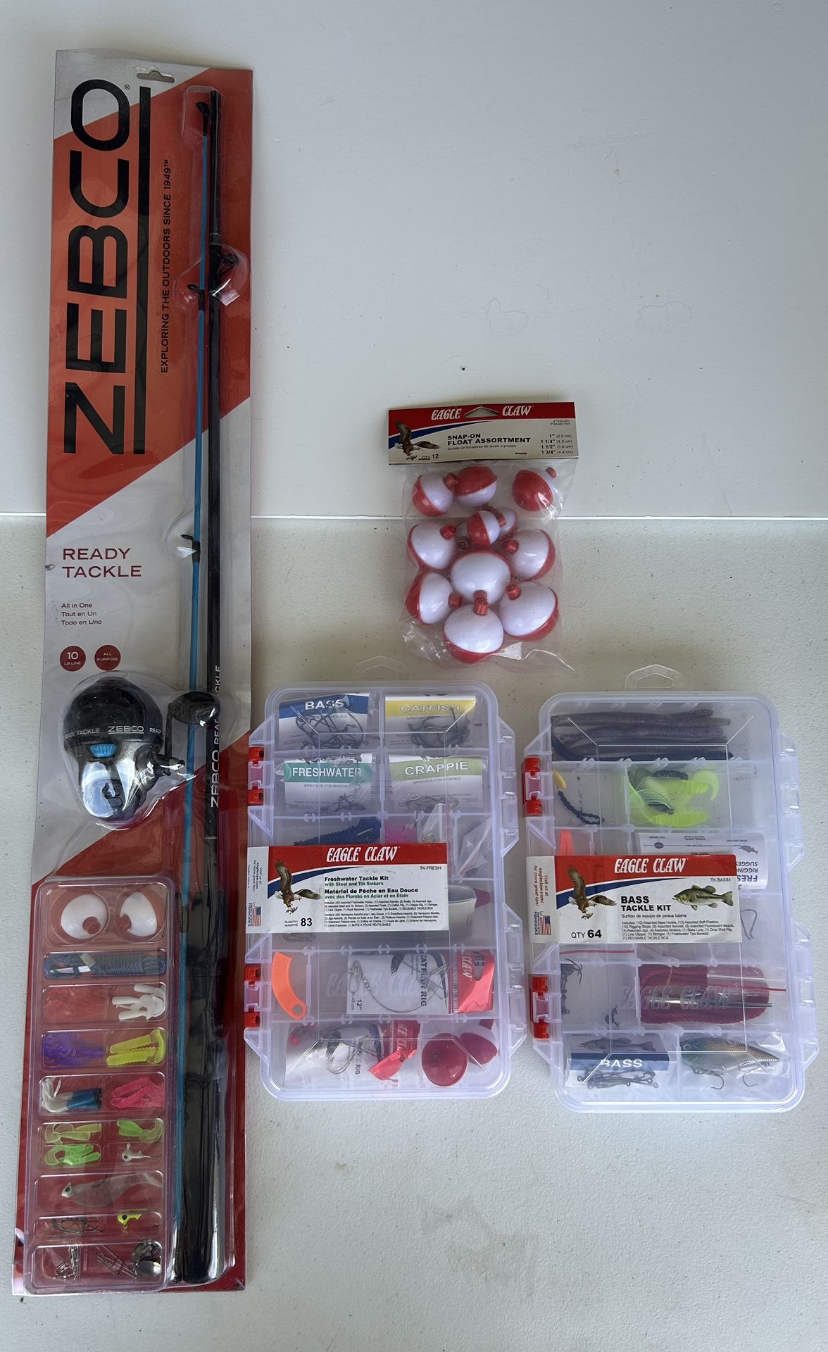 NEW Eagle Claw Tackle Kits (Freshwater, Bass, Floats) + Zebco Ready Tackle Rod Combo