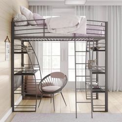 Twin Metal Loft Bed with Integrated Desk and Shelves, Silver 