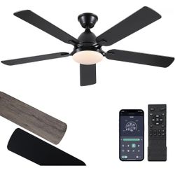 Ceiling Fans with Lights, 52 Inch Low Profile Ceiling Fan with Light and Remote Control, Reversible, 3CCT, Dimmable, Quiet, Black Ceiling Fan for Bedr