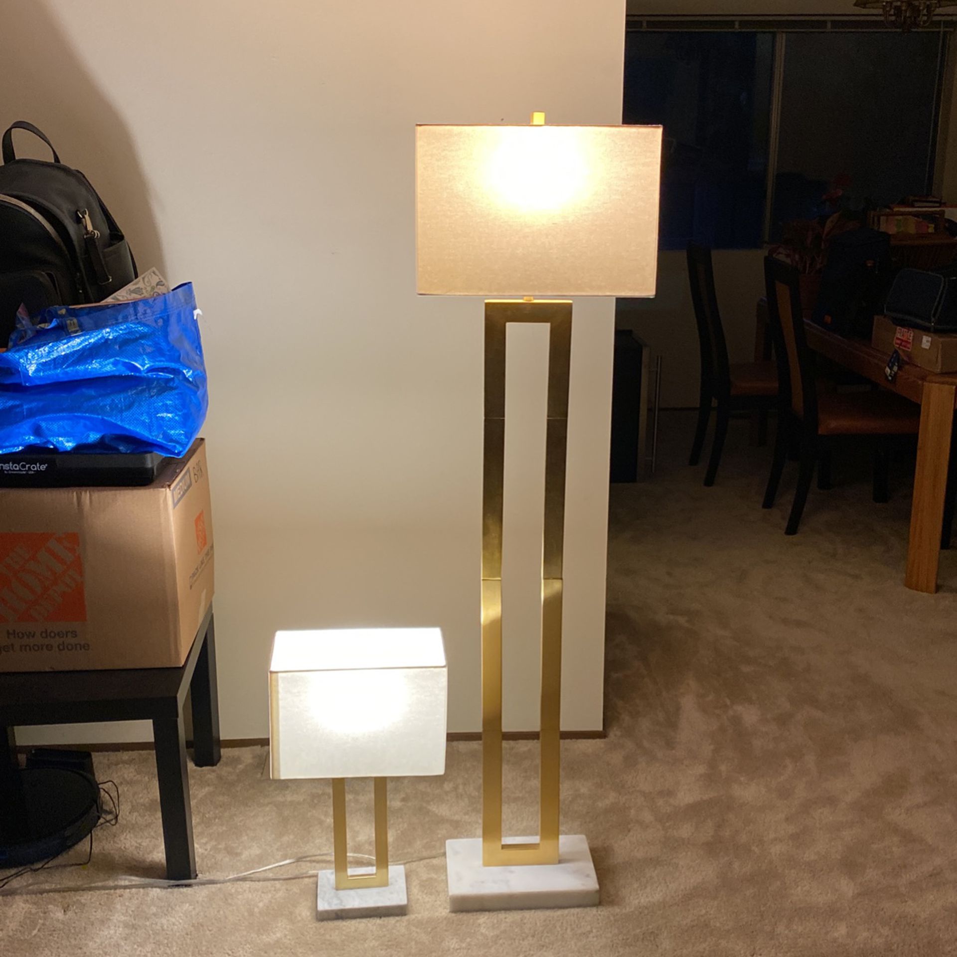 Project 62 Set Of Two Brass Lamps + Shades (Floor And Table Lamp)