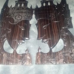 Pair Of Wooden Thai Vintage Carved Wood Decor