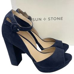 Sun + Stone Reetaf navy peep toe block heel platform sandals women’s Size 7.5M