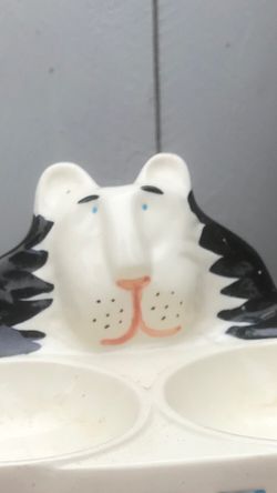 New Kitten Collar, like new cat tent and cute ceramic cat food dish
