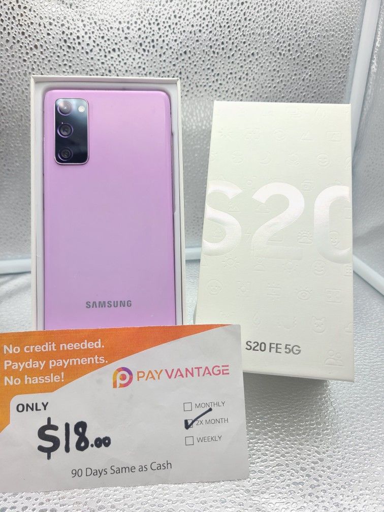 WITH BOX SAMSUNG GALAXY S20 FE 5G 128GB UNLOCKED. DRONE LOWEST WHOLESALE PRICES WITH OPTION TO PAY IN PAYMENTS WITH NO CREDIT CHECKS