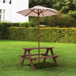 Outdoor 1-Piece 4-Seat Kid's Wooden Dining Table Bench Set with Umbrella $169 plus tax at Home Depot website   Reinforced structure and easy assemble: