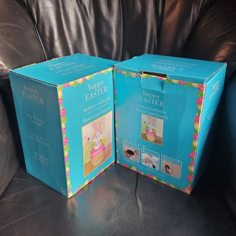 2 Gemmy 4ft. Tall Inflatable Flower Pot Bunnys With Air Pumps Both Appear NIB