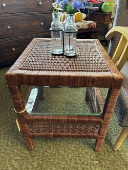 Wicker Side Table With Glass Shelf