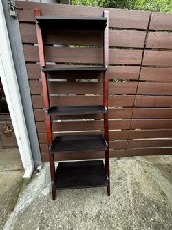 Five tier Leaning wood book/display shelf