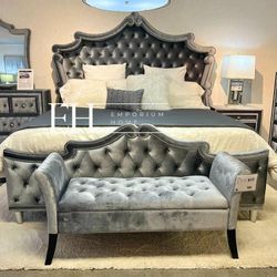 Queen bed Grey velvet glam design crystals  upholstery