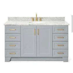 Brand New 60” Gray Bathroom Vanity with Carrara Marble Top | $1400+ Retail - Delivery Available