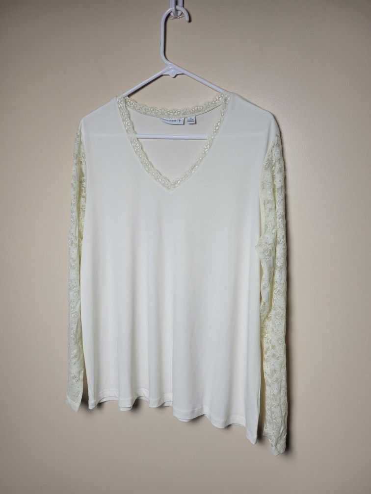 Susan Graver Ivory Liquid Knit Top V-Neck Cream Lace Long Sleeve Blouse Size XL