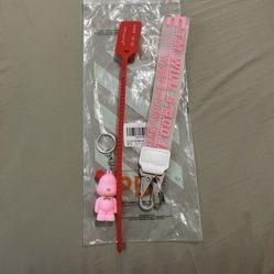 off white pink keychain lanyard with 3-d bear