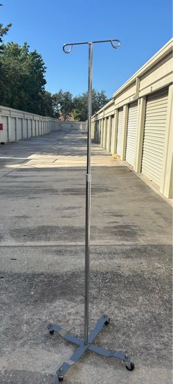 Stainless Steel IV Pole Stand on Wheels, 4-Leg Base, 2-Hook Top