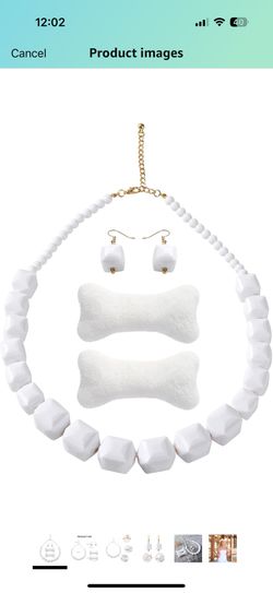 Women Costume Accessory Set with White Bead Necklace Earrings Skeleton Bone Hair Clips Halloween Cave Cosplay Party Supplies
