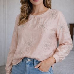 ZARA Blush Pink Beaded Starburst Sweatshirt Top Size M