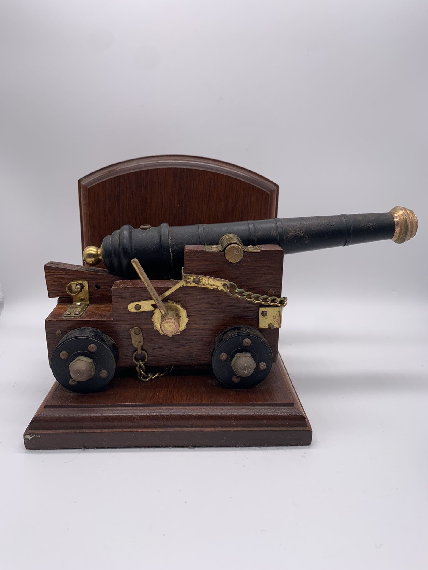 Vintage Wooden, Cast Iron & Brass Cannon Bookend