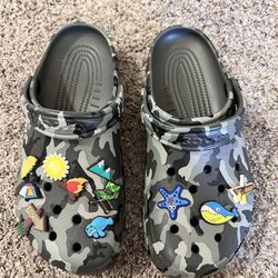 Grey Camo Crocs With Camping Charms