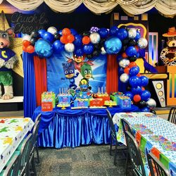 Pjmask birthday party dessert table and balloon decoration