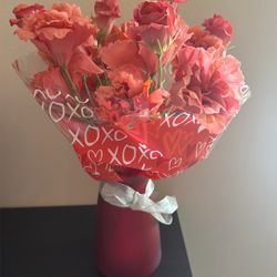 Red Vase With Artificial Flowers For Valentin’s Day Gift , $18
