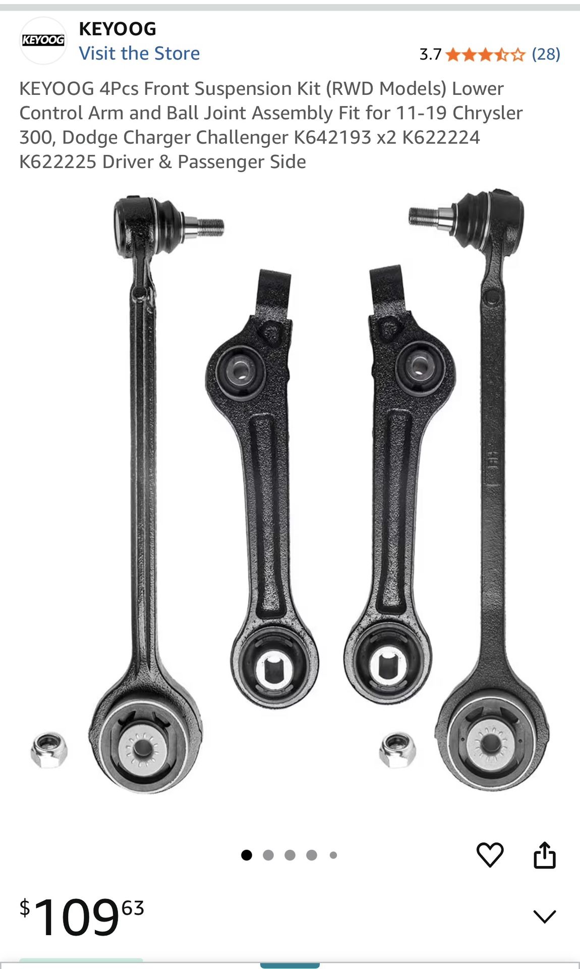 KEYOOG 4Pcs Front Suspension Kit (RWD Models) Lower Control Arm and Ball Joint Assembly Fit for 11-19 Chrysler 300, Dodge Charger Challenger K642193 x