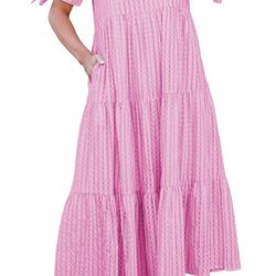 Women Summer Casual Dress - V Neck Short Sleeve Midi Pleated Tiered Plaid Loose Maternity Holiday Picnic Dresses