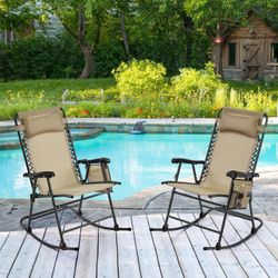 26in Rocking Chair Outdoor Zero Gravity Folding Chairs Rocking Chairs Foldable Outdoor Lounge Chair for Outside Lawn with Cupholder/Pillow Ergonomic D