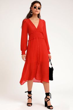 Lulus Go For It Red Long Sleeve Midi Dress Size L