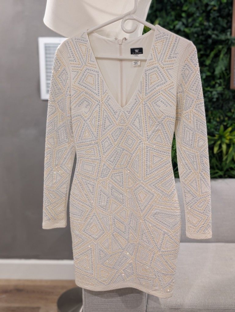 VA VA Voom Ivory Jeweled V Neck Dress
