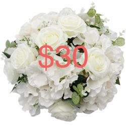 2 Pack Artificial Rose Flower Ball Arrangements - 15.7 Inch White Fake Floral Centerpieces with Base for Wedding, Party Table Decor, Valentine's Day H