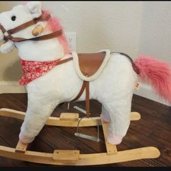 Animated Rocking Horse with Sounds, Plush Ride-On Pony with Wooden Base