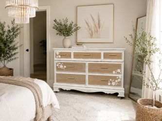 ✨ Boho Chic Vintage Dresser | Solid Wood | Floral Relief Details | Champagne Gold Hardware ✨