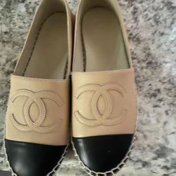 CHANEL Black Beige Leather Lambskin Espadrilles 