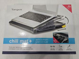 New Targus laptop cooling pad fits laptops up to 17 inches. This black and grey chill mat has dual high-speed fans and integrated 4-port USB 2.0 hub.