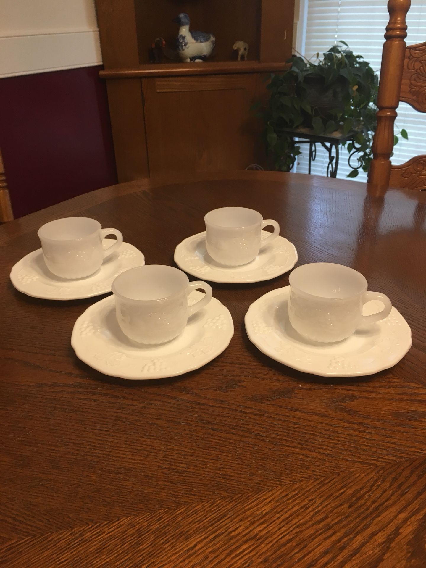 Antique Milk Glass Set of 4 Cups, and Plates